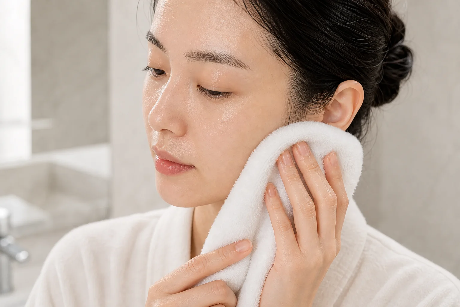 すすぎ後の頬へ白いタオルを押し当てる成人女性