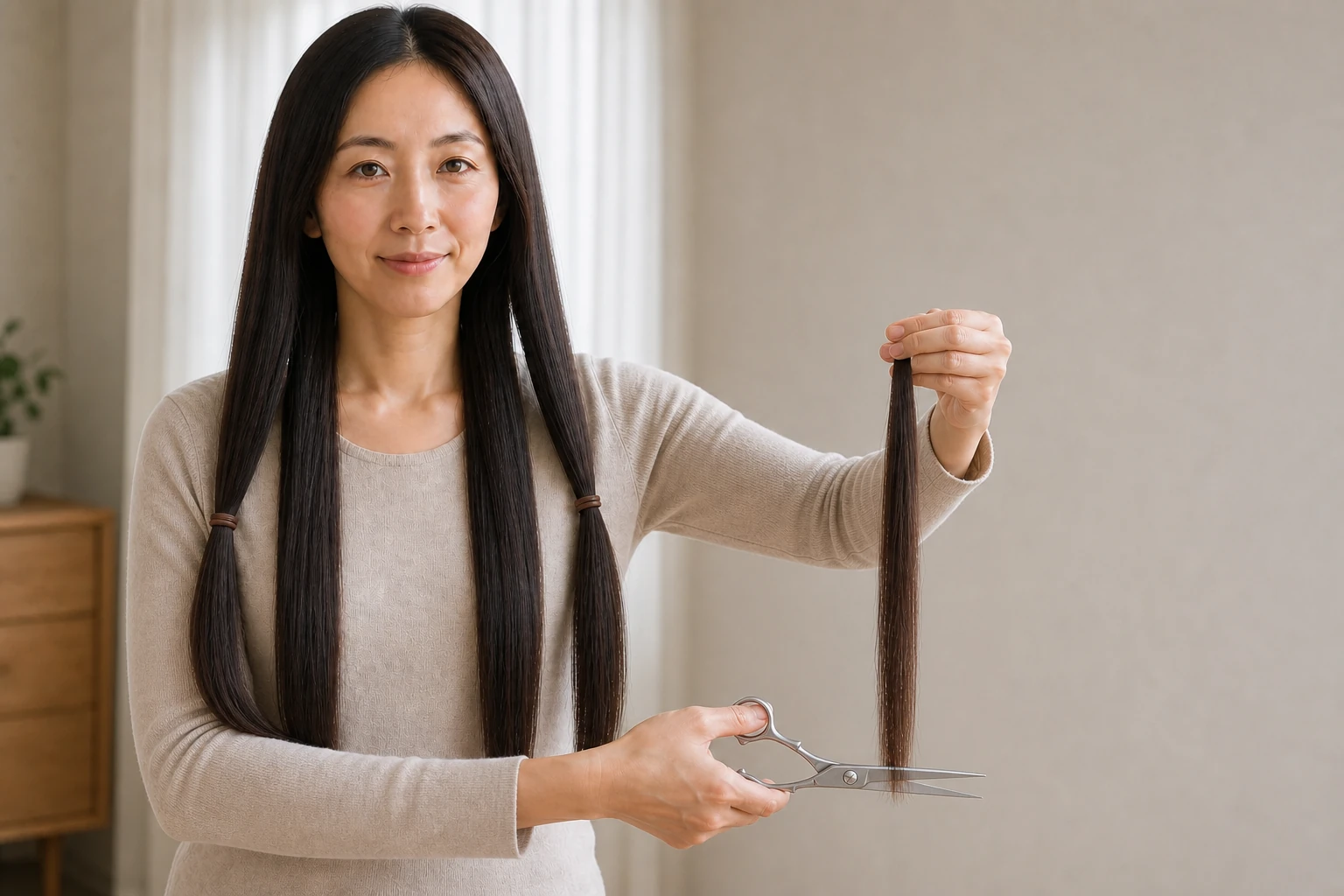 胴体から離した内側の毛束の毛先へ刃先を外向きにしてはさみを当てる成人女性