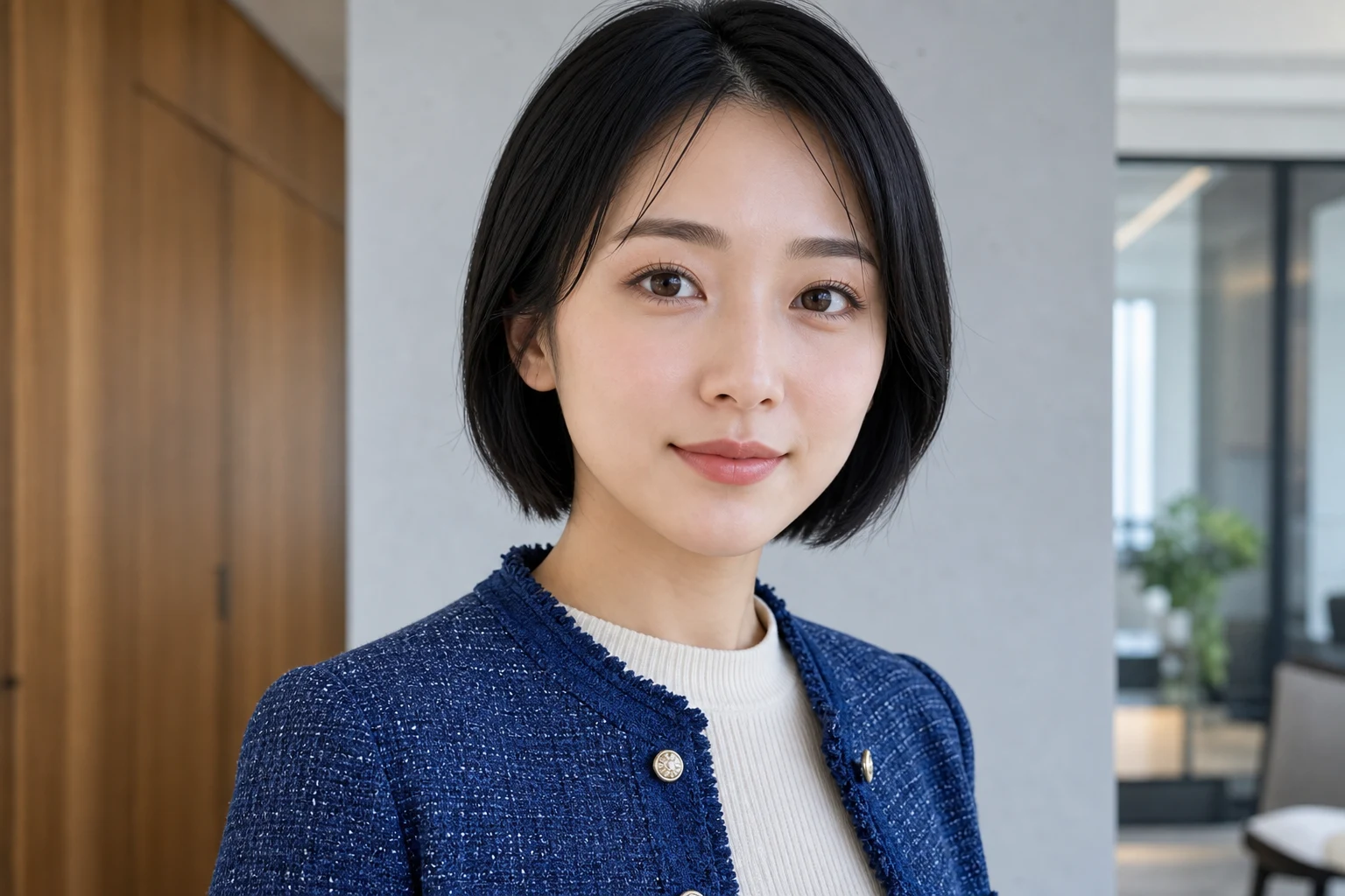 ベージュブラウンの目元とコーラルベージュの頬とリップを合わせた成人女性