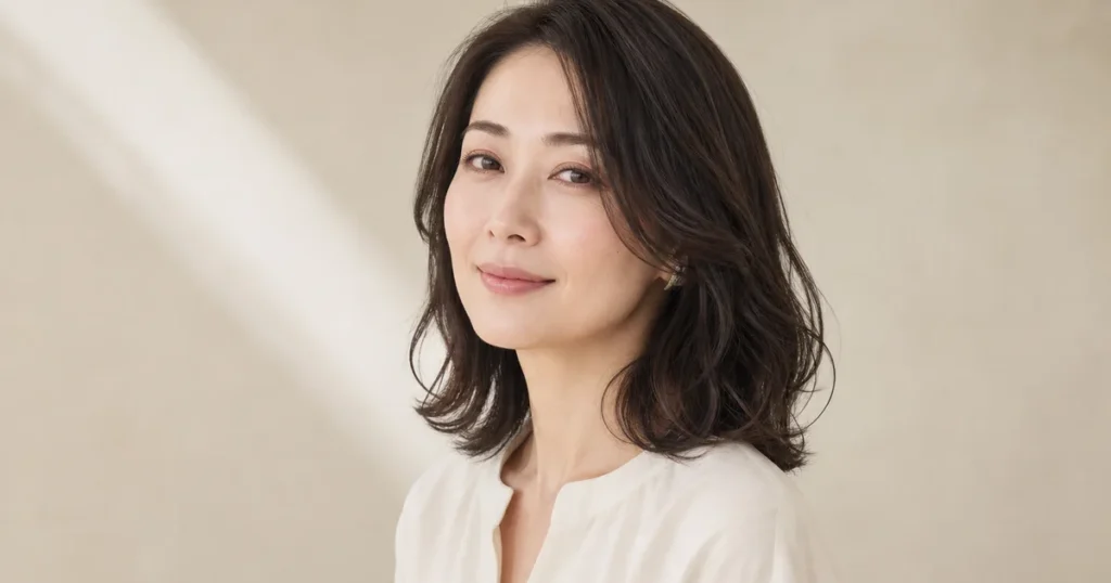 鎖骨まわりのゆるいS字パーマを自然光で見せる成人女性