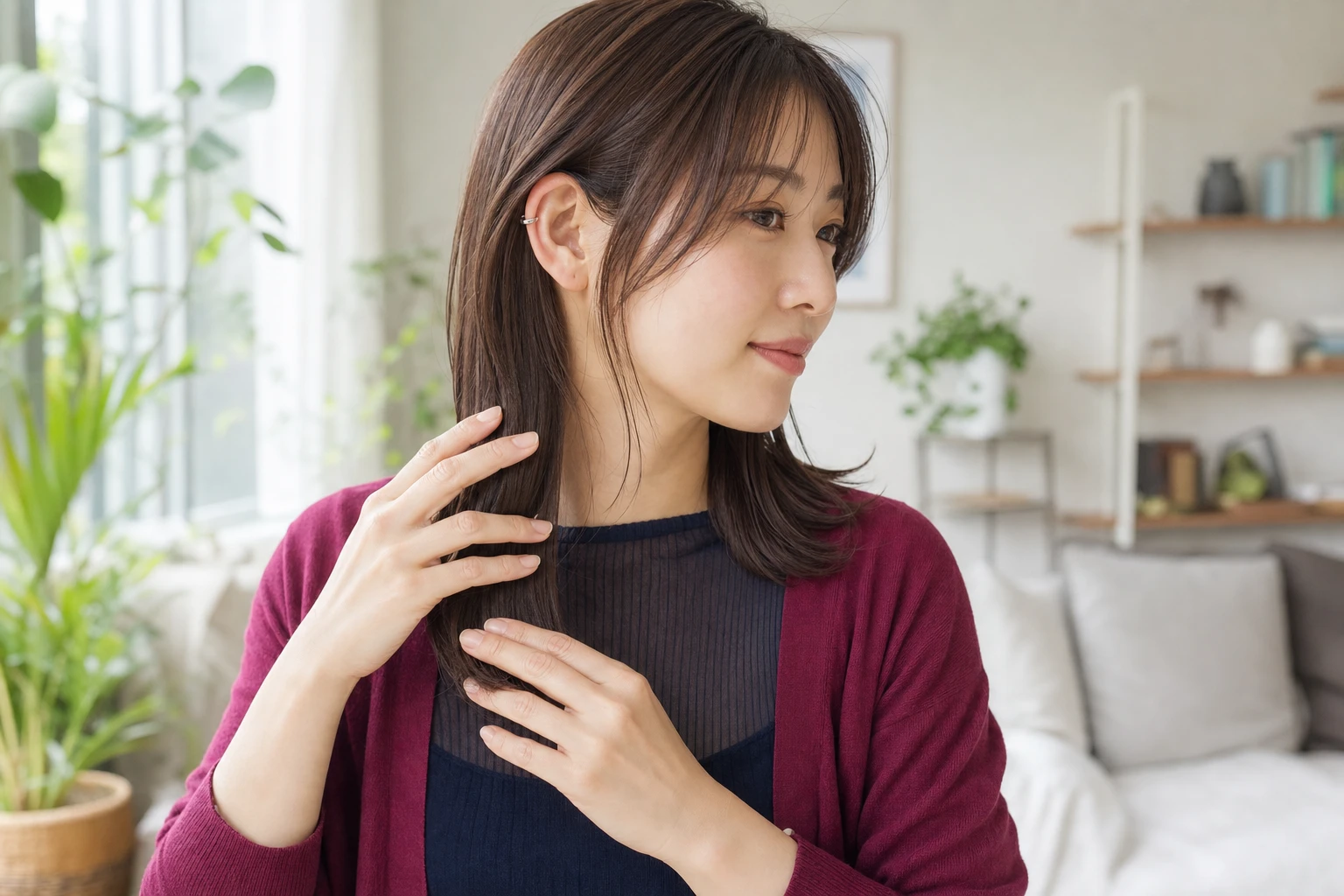 乾いたミディアムヘアの中間から毛先へ両手で仕上げ剤をなじませる成人女性