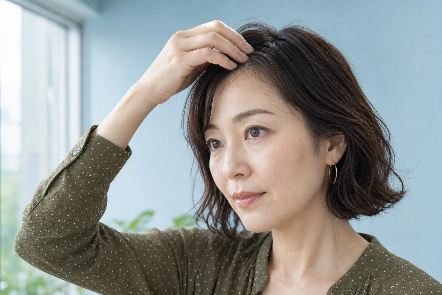 前髪の生え際を軽く湿らせ、指で毛流れを整える成人女性