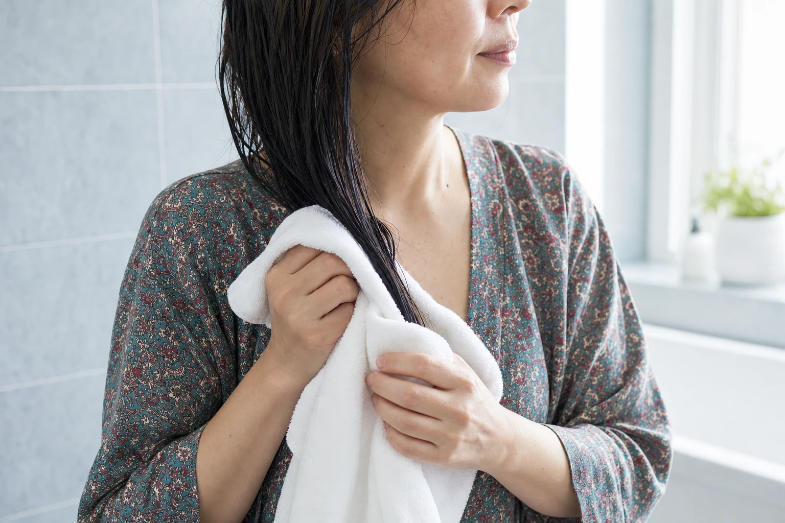 肩下の濡れた黒髪を白いタオルで挟み、水気を押さえる成人女性の手元