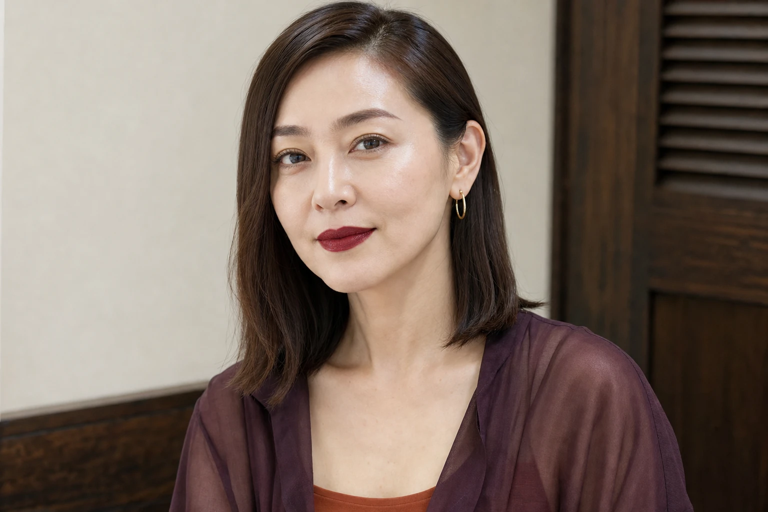 深いボルドーレッドの唇と眉尻を整えた赤みブラウン眉の成人女性