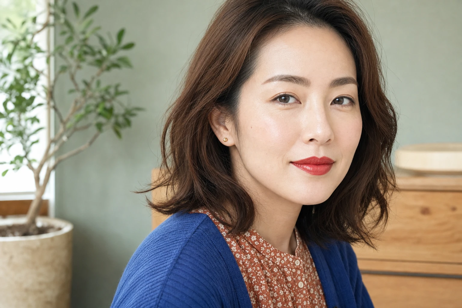 朱赤の唇とニュートラルブラウンの眉を合わせた成人女性