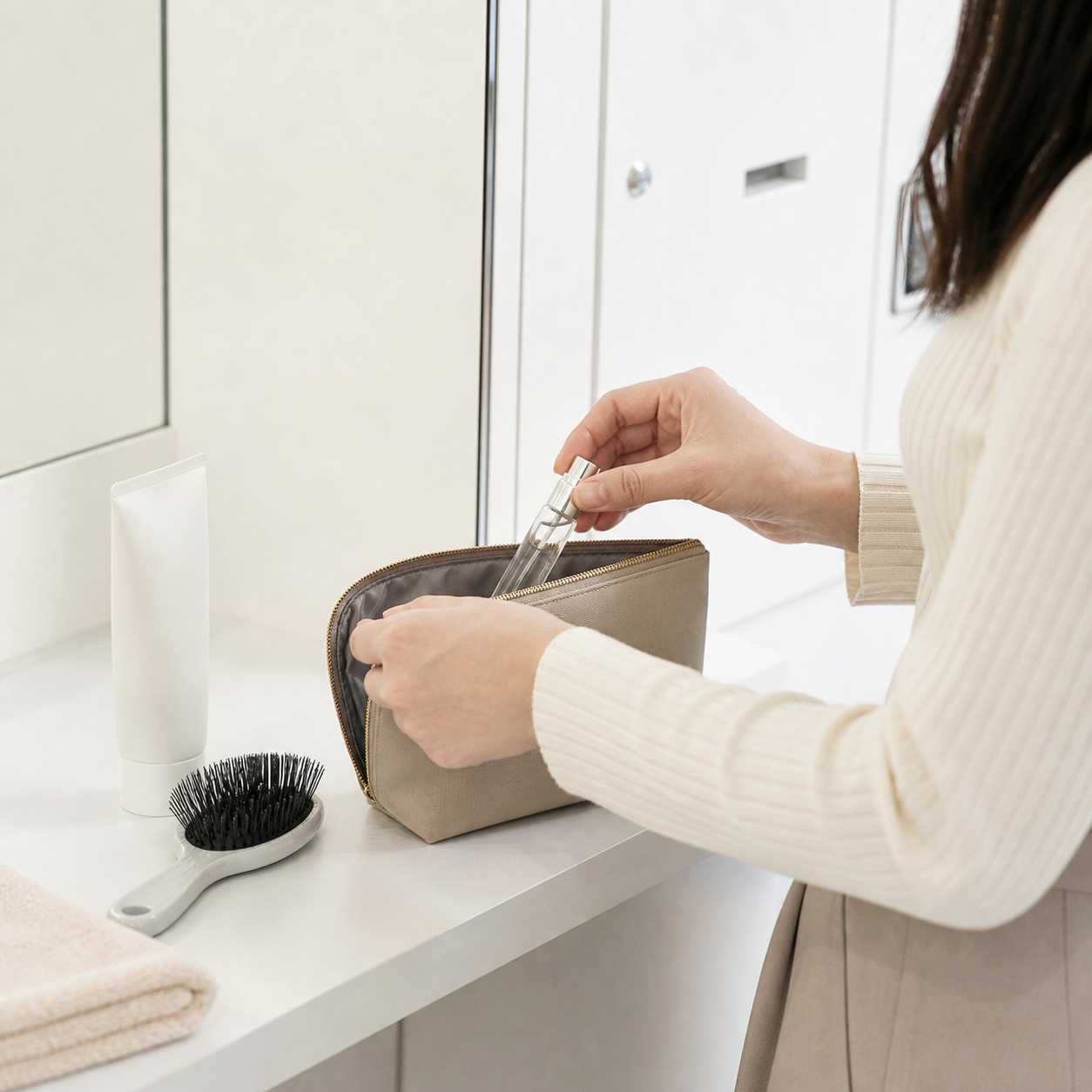 クリーム色の服の女性が、無香料の身支度用品と一つの香水アトマイザーをポーチにしまう手元