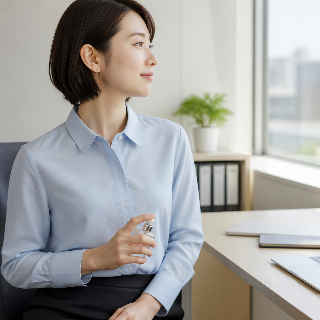 淡い青のシャツを着た女性が、窓際のオフィスで小さな香水アトマイザーを一つだけ持つ様子