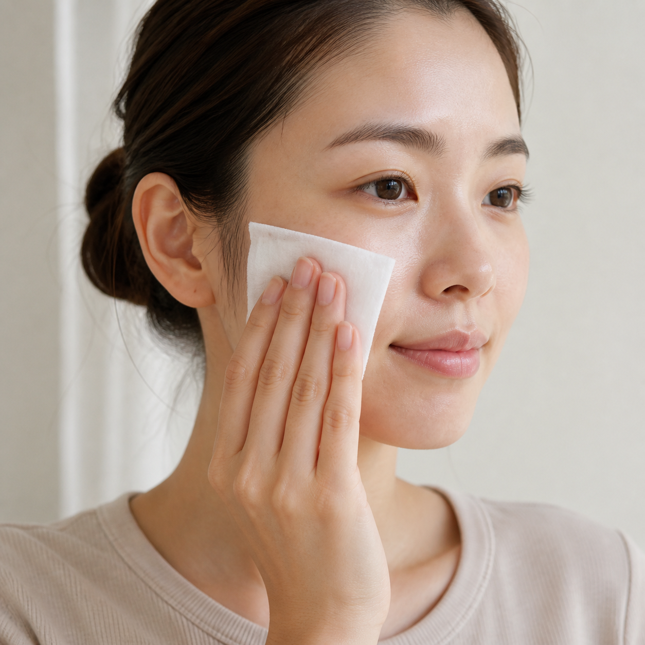 ベージュのトップスを着た女性が、化粧水を含ませた白いコットンを頬へ動かさずそっと当てる様子
