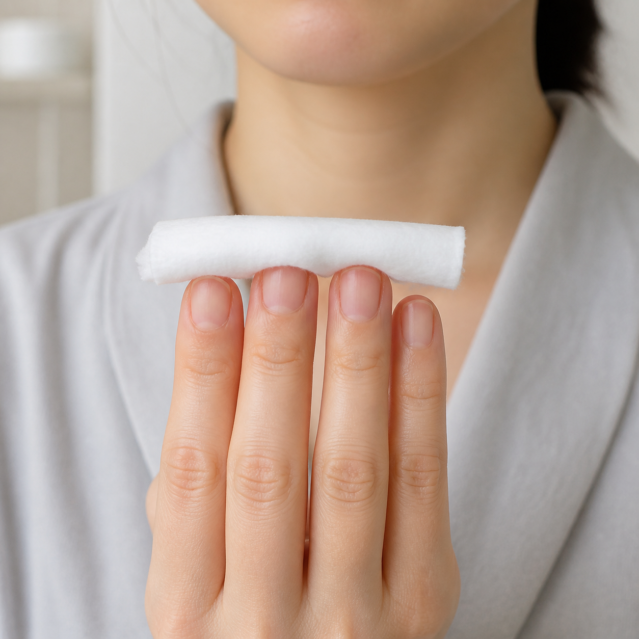 淡いグレーのローブを着た女性が、化粧水を十分に含ませた白いコットンを四本の指で横長に平らに支える手元