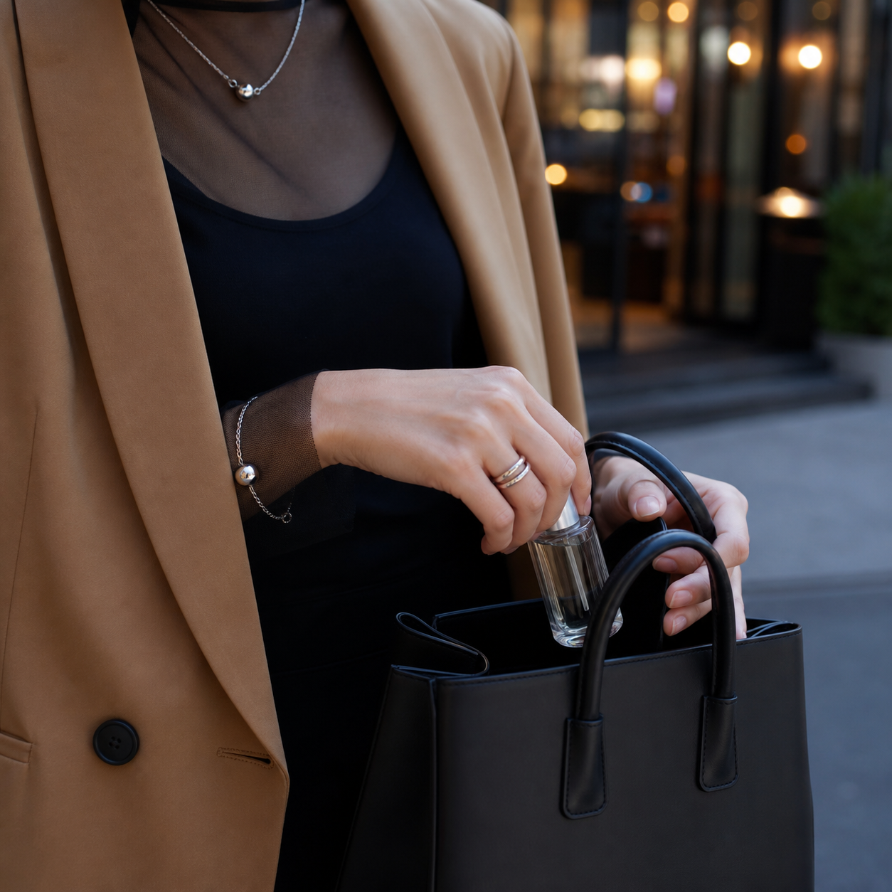 Woman putting an unbranded perfume bottle into a handbag before dinner