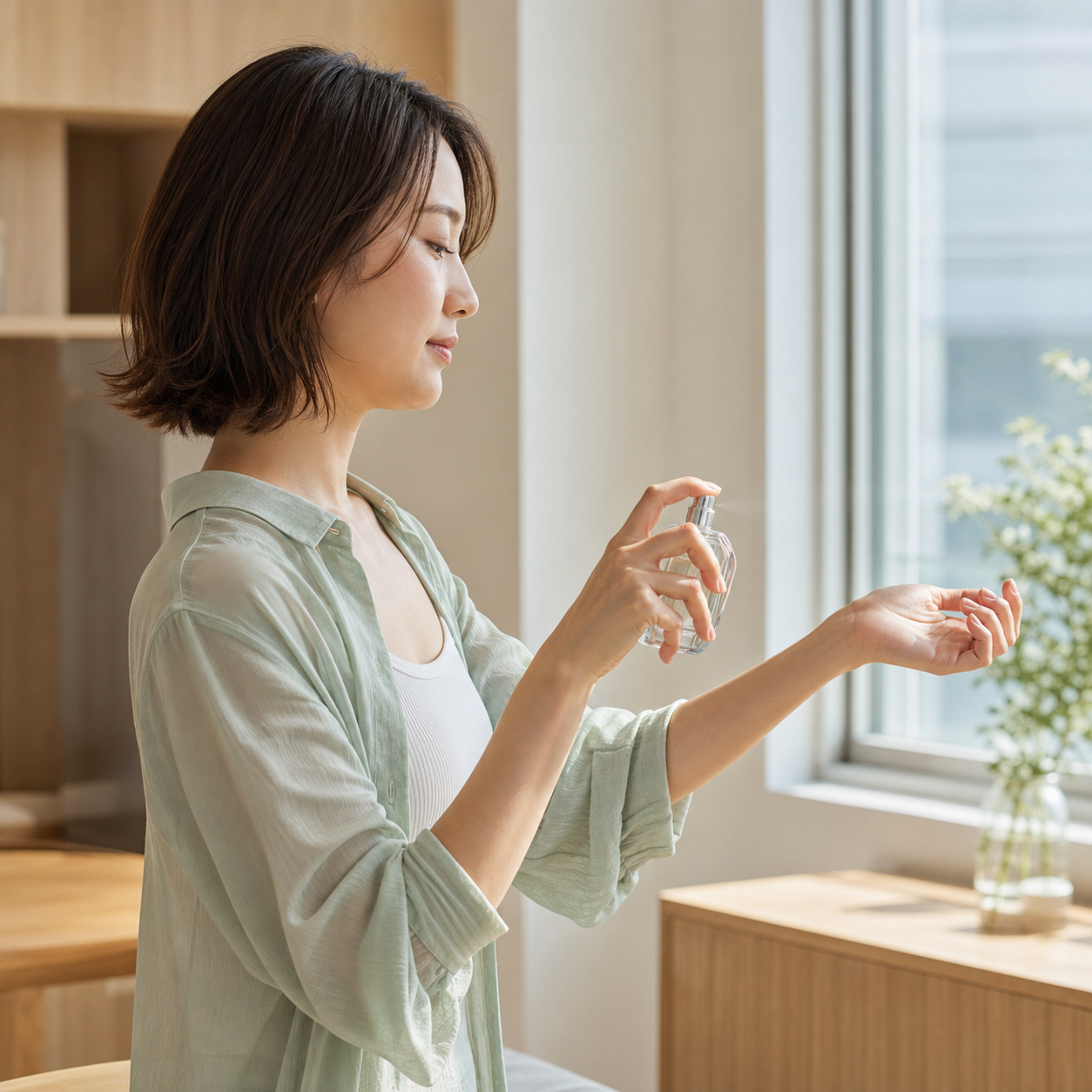 Woman applying a small amount of fragrance at a distance by a window