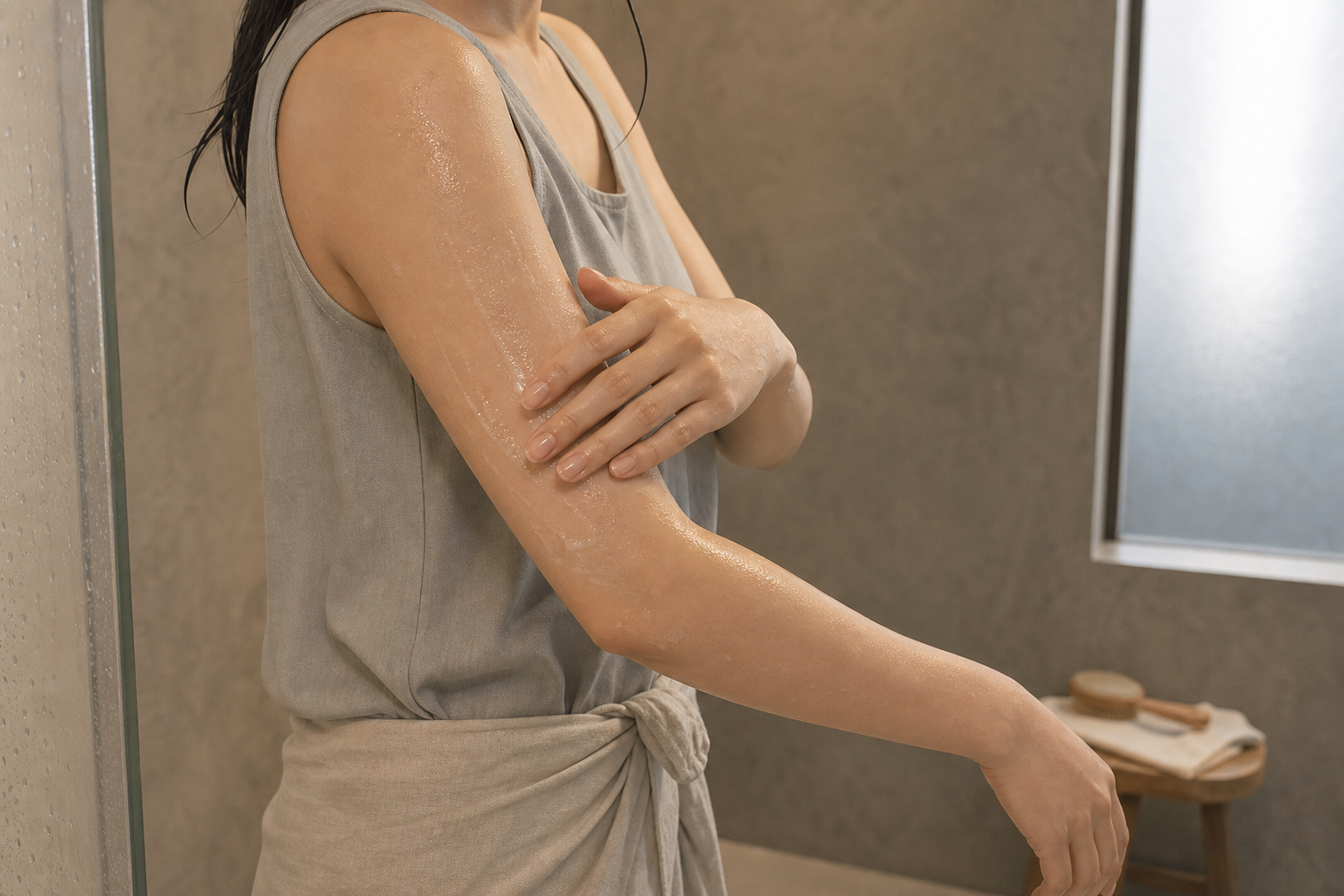 泡を手のひらで上腕へ一方向に広げる入浴中のボディケア