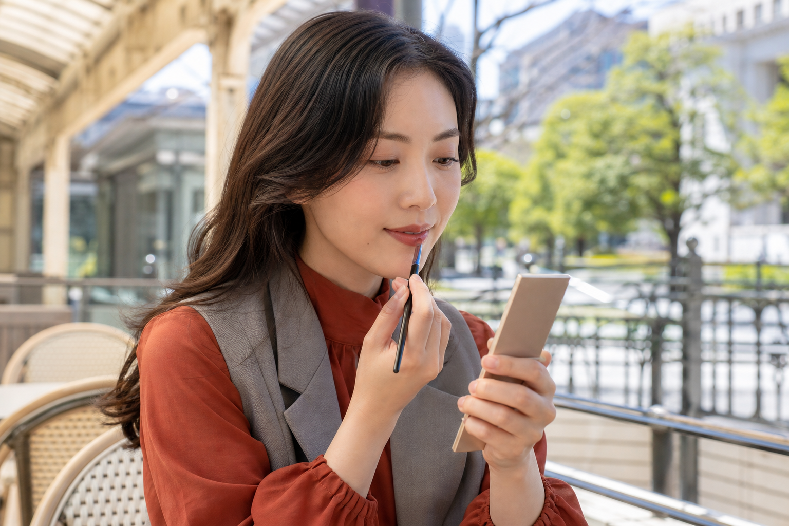 カフェテラスでリップブラシを使い口元だけを整える女性