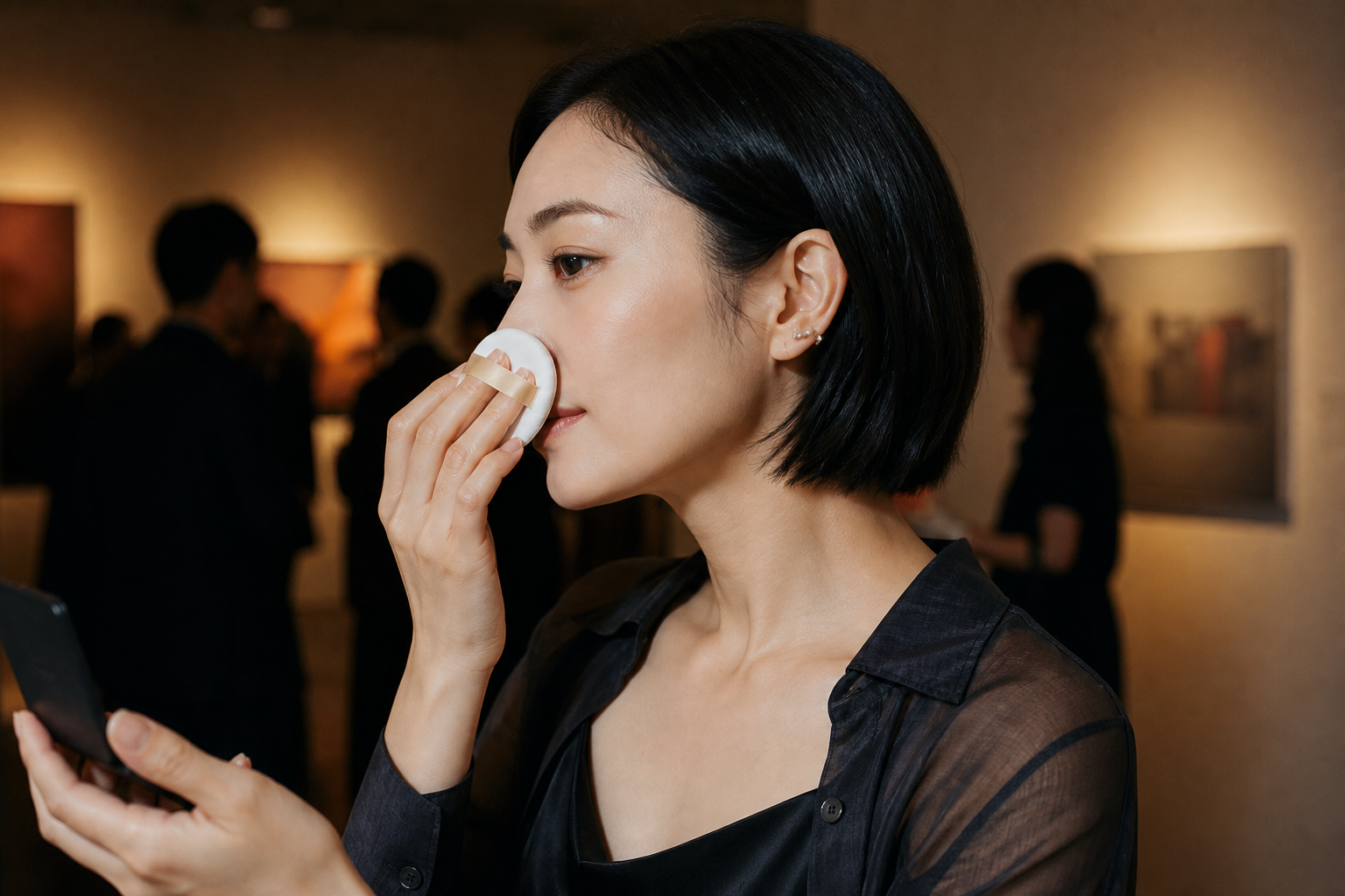 小鼻と頬の一部だけにコンパクトのパフを軽く押し当てる女性