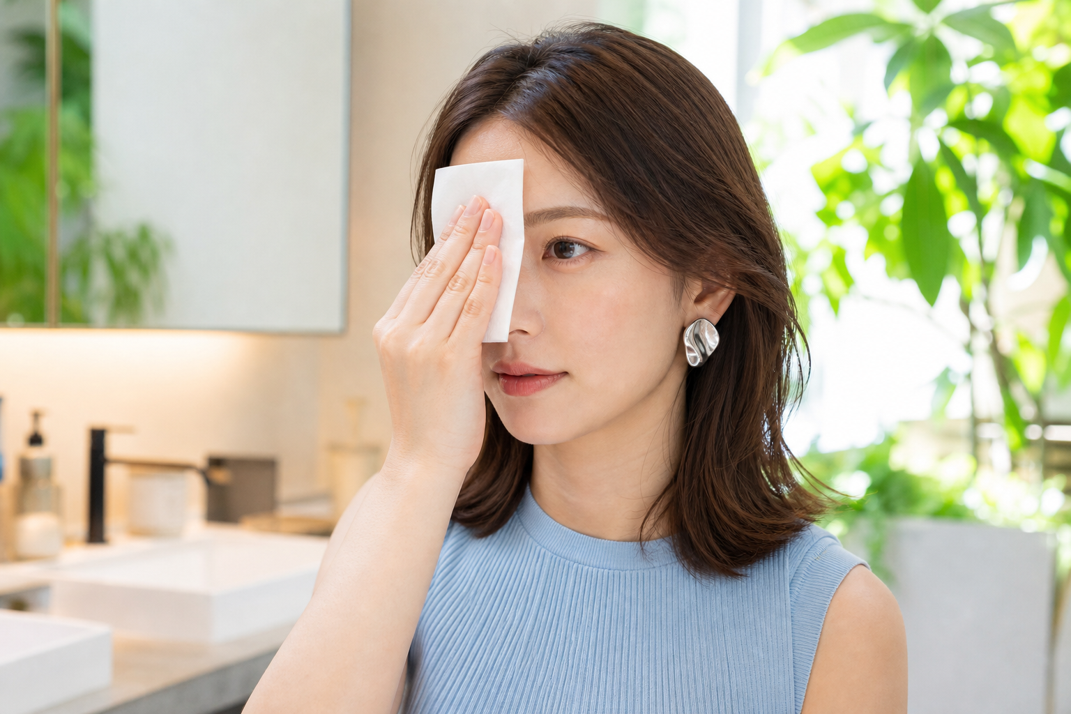 額と小鼻をティッシュで軽く押さえて皮脂を取る女性
