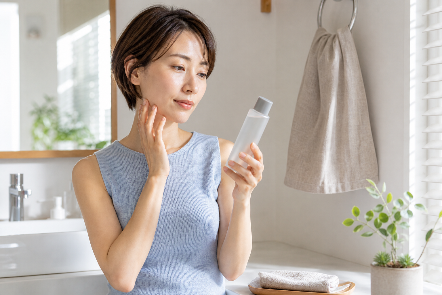 洗面台で収れん化粧水の表示を確かめる女性