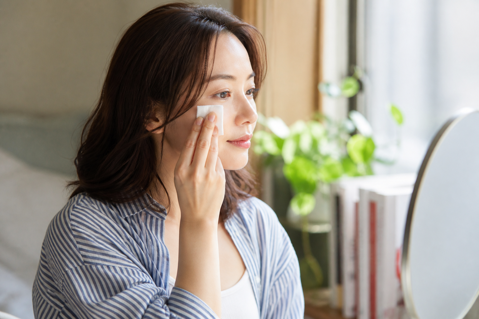 コットンを頬とTゾーンにそっと押さえる女性