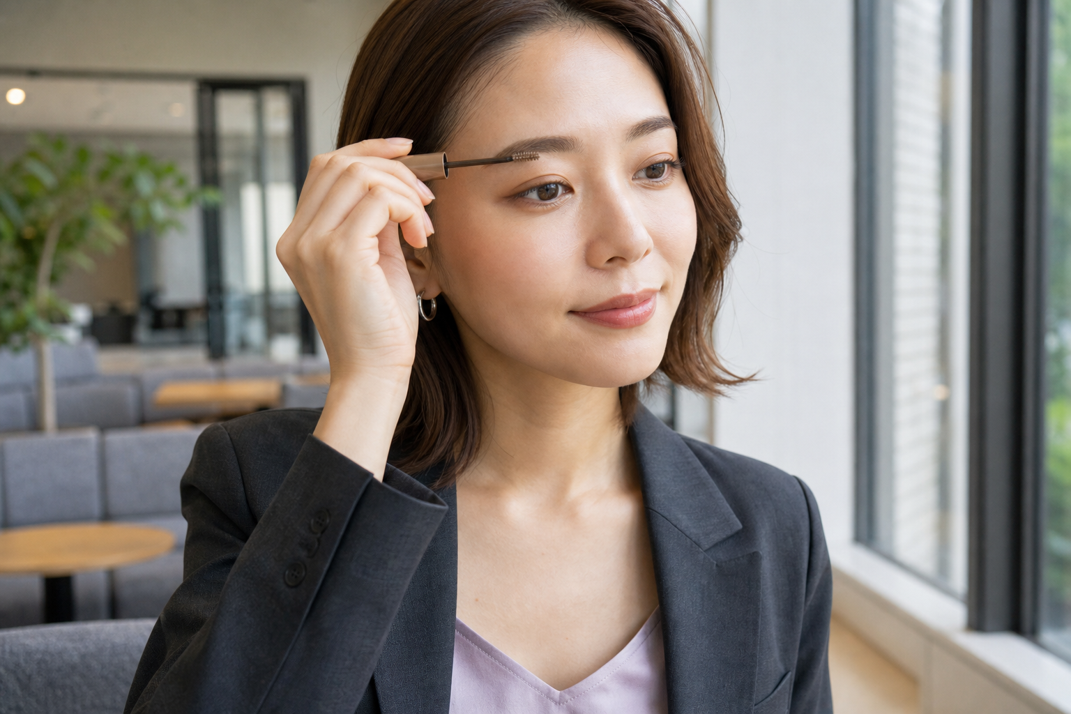眉頭から眉尻へ毛流れに沿って眉マスカラをとかす女性