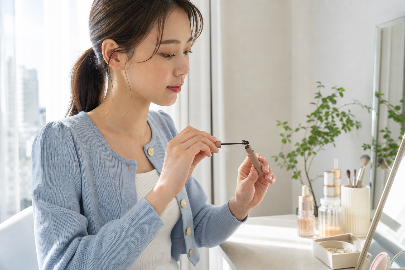 眉マスカラのブラシを容器の口元でしごいて液量を整える女性