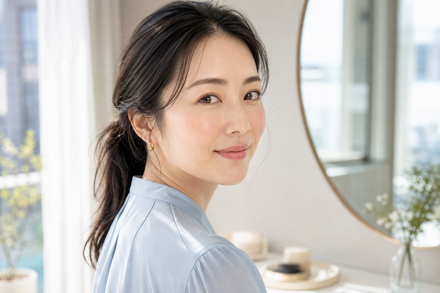 自然なツヤ肌に仕上げた淡いブルーのブラウスを着た女性