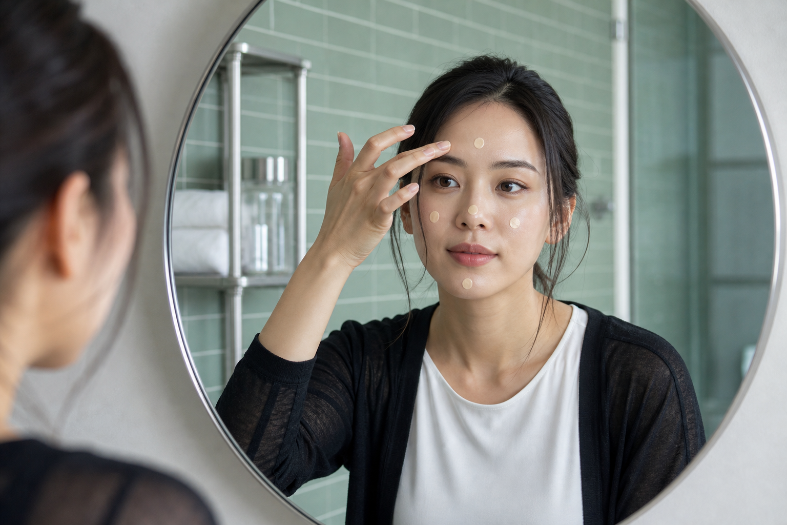 丸い鏡の前で額、両頬、鼻、あごにBBクリームを5点置きする女性