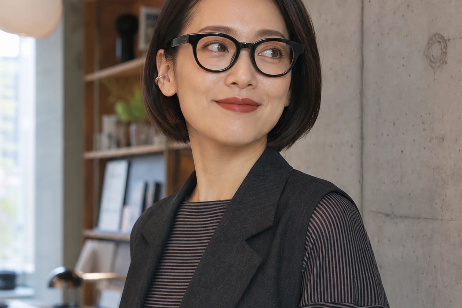 太い黒縁メガネにソフトブリック色のセミマットリップを合わせた30代女性