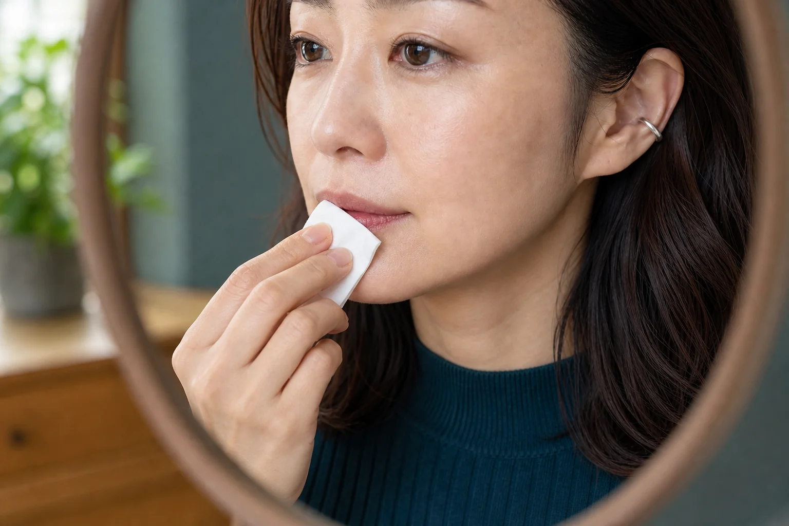 白いティッシュを唇へ軽く当てて余分な油分を押さえる30代後半の成人女性