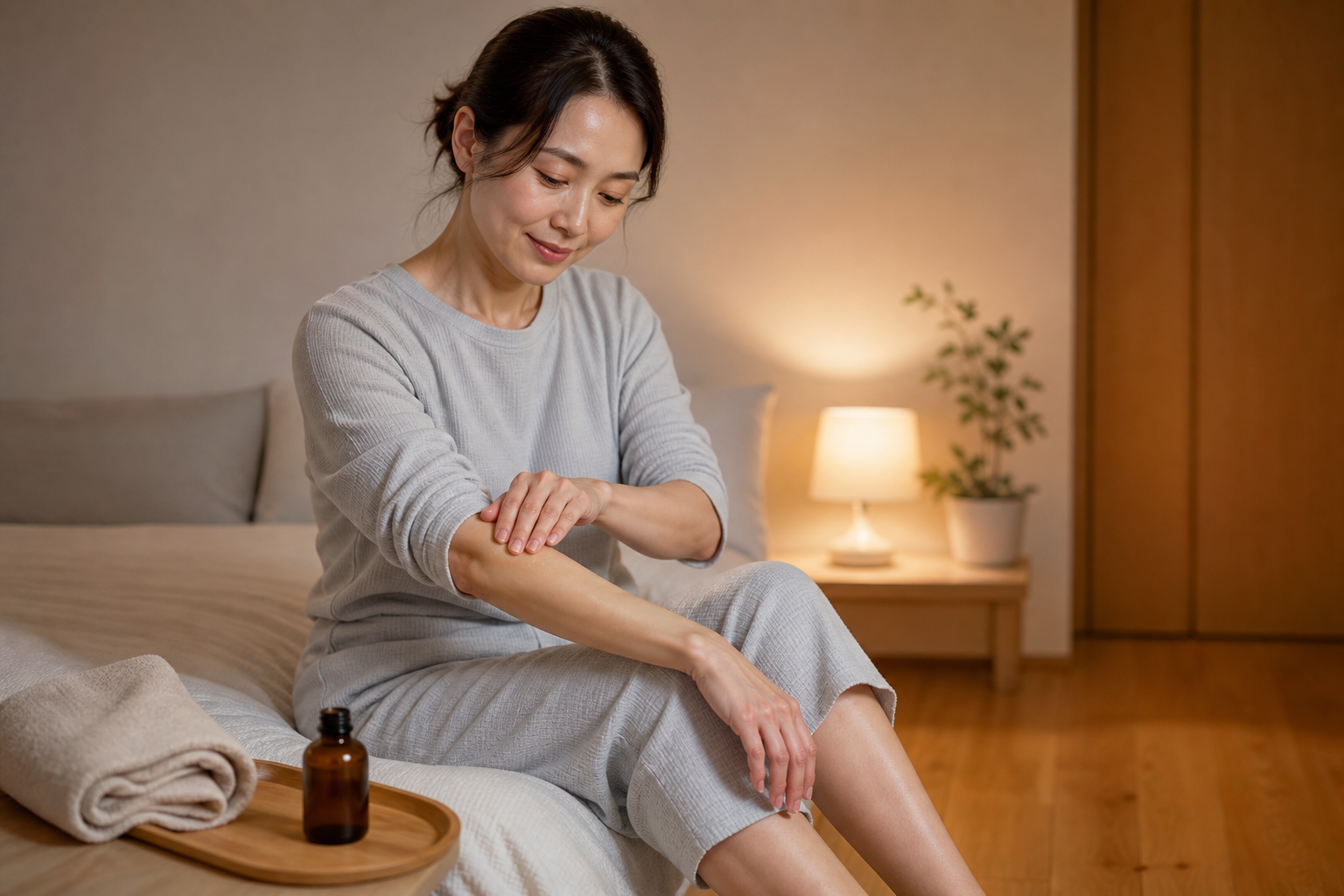 入浴後にひじとすねへ少量のボディオイルをなじませる女性