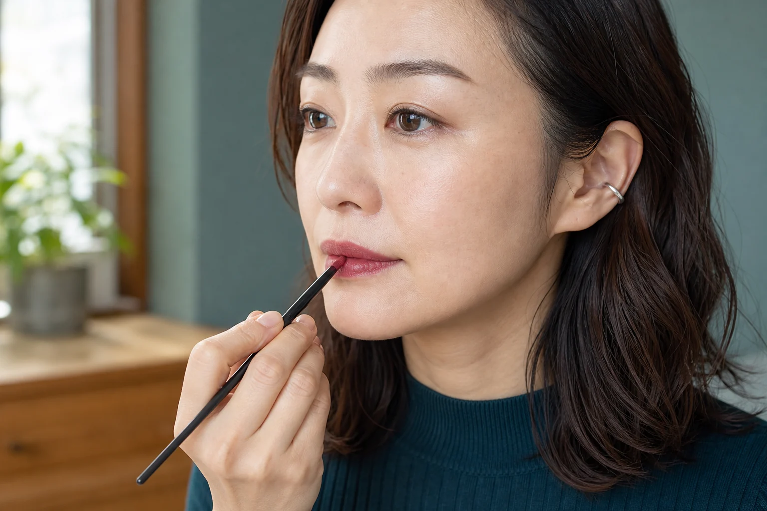 唇の中央へローズベリー色のリップカラーをブラシで置く30代後半の成人女性