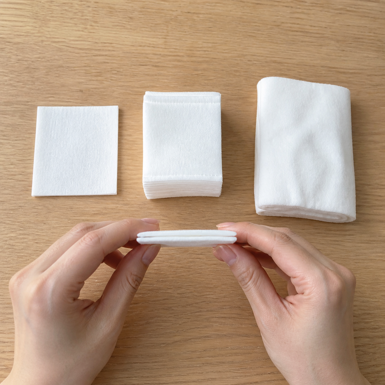 厚みや大きさの異なる白いコットンを手で比べる様子