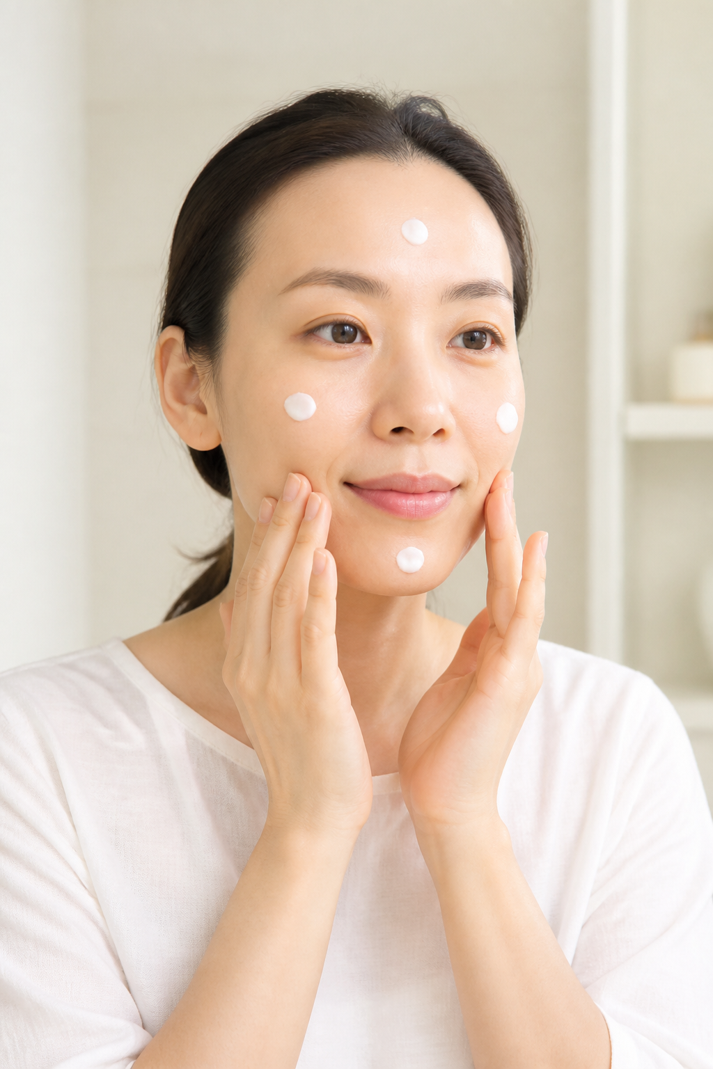 額と両頬とあごへ少量のクリームを点置きした様子