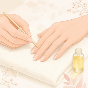 ぬるま湯とウッドスティックで自宅の甘皮をやさしくケアするイラスト