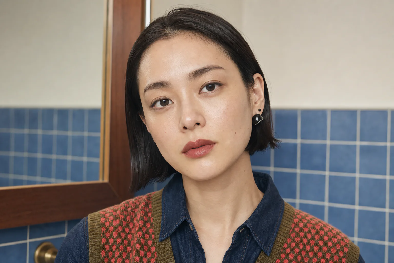 あご丈ボブと輪郭を整えた眉、グレーブラウンの目元と深いブリック色の唇に仕上げた成人