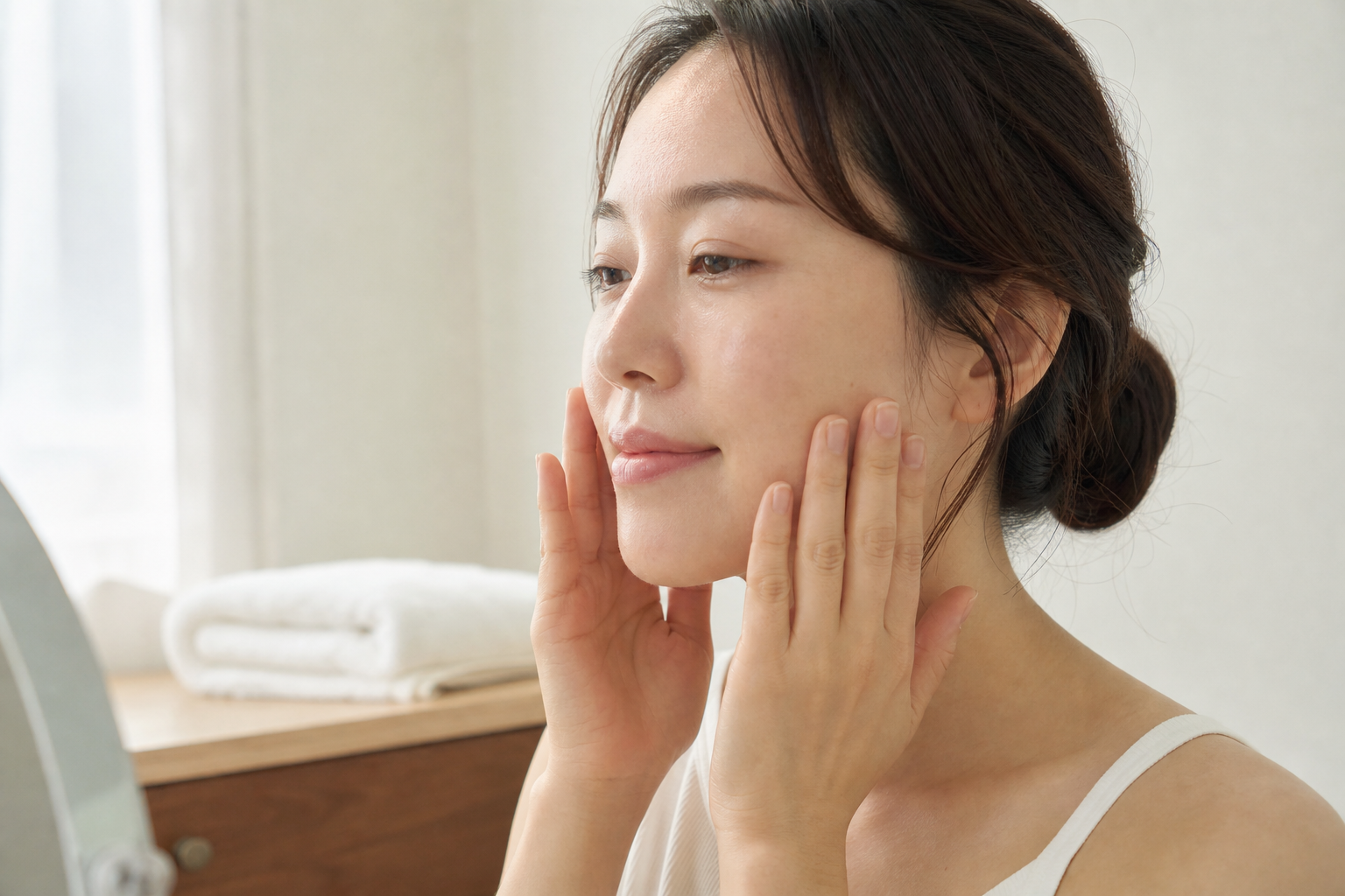 コットンを外した後に手のひらで頬へ乳液を薄くなじませる女性