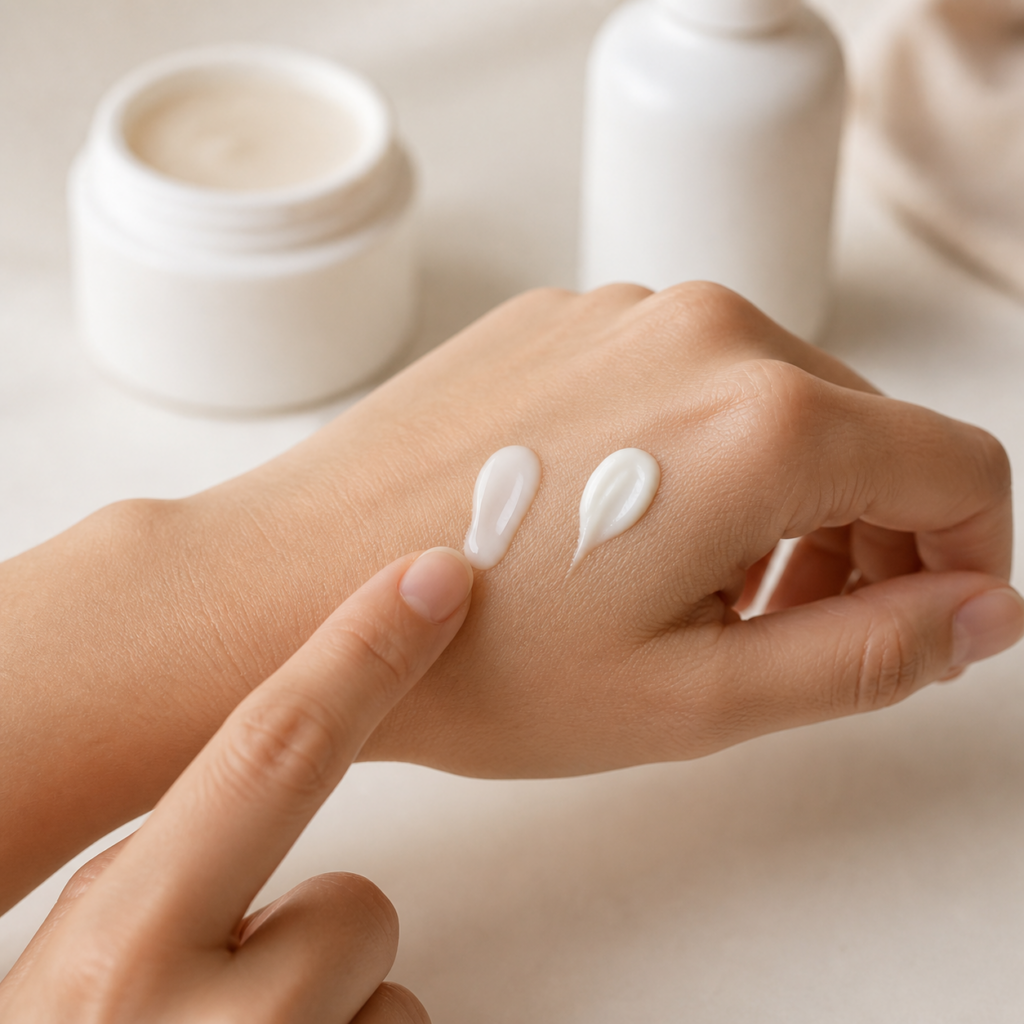 白い乳液とクリームを清潔な手の甲に少量ずつ出して質感を比べる様子