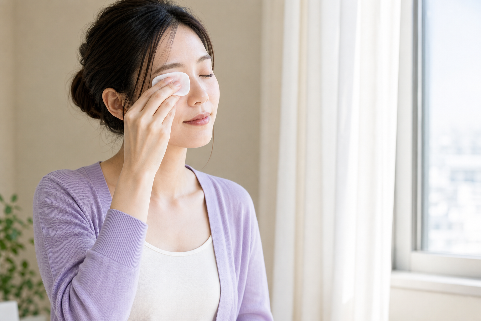 目を閉じて片目のまぶたにリムーバーを含ませたコットンをそっと置く女性