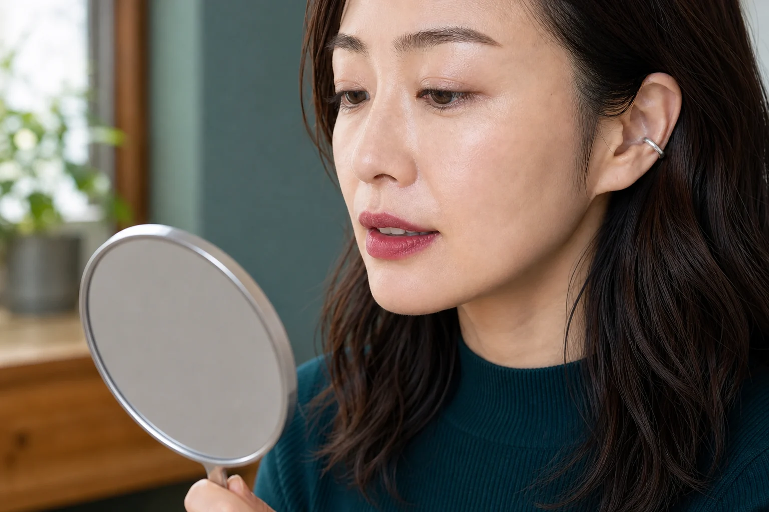 手鏡を見ながらローズベリー色の唇の口角と色むらを確認する30代後半の成人女性