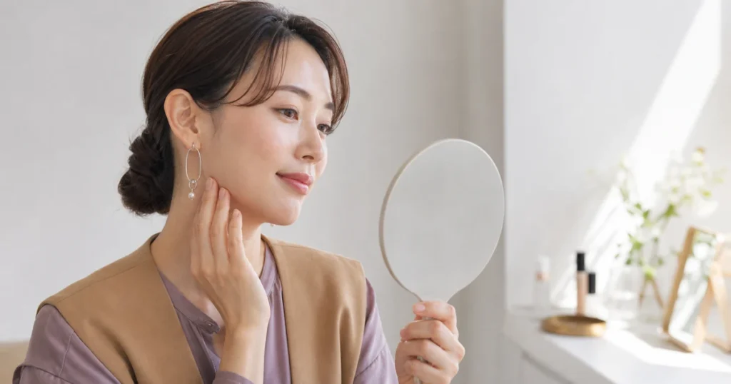 自然光のドレッサーで顔と首のファンデーション色を確認する30代女性