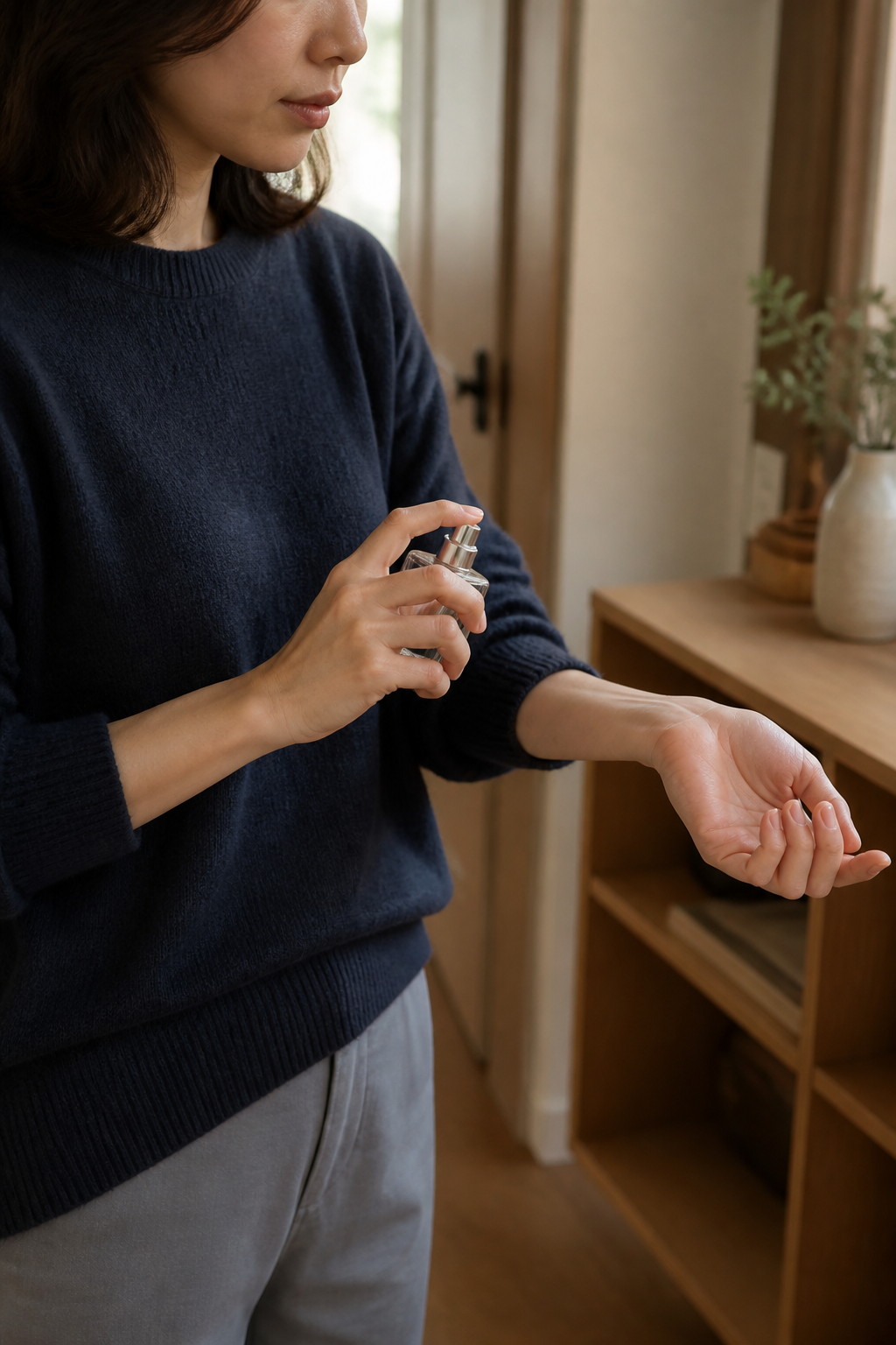 小さなアトマイザーで手首の内側へ少量つける様子