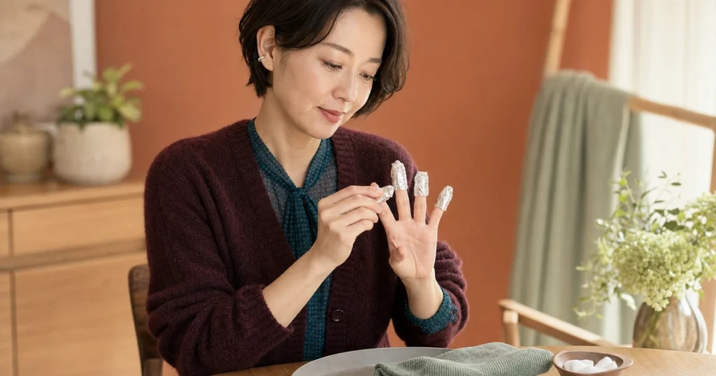 テーブルで4本の指先をアルミホイルで包み、1本の包みを確認するショートボブの成人女性