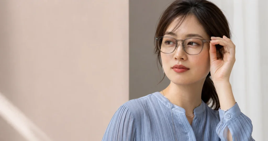 スモーキーグレーのメガネとコーラルリップを合わせたプリーツブラウスの女性