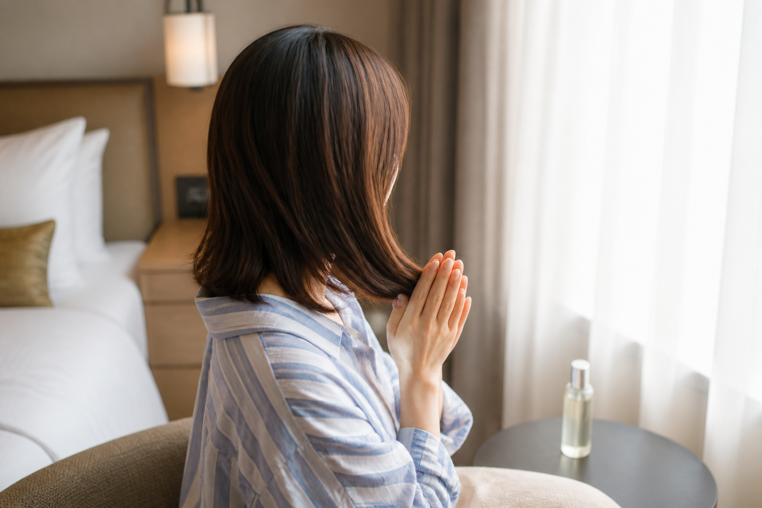 手のひらに広げた少量のヘアオイルを毛先になじませる女性の後ろ姿