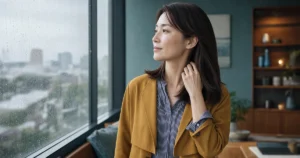 雨粒の付いた窓辺で肩下の乾いた髪へ手ぐしを通す、マスタード色ジャケットの成人女性