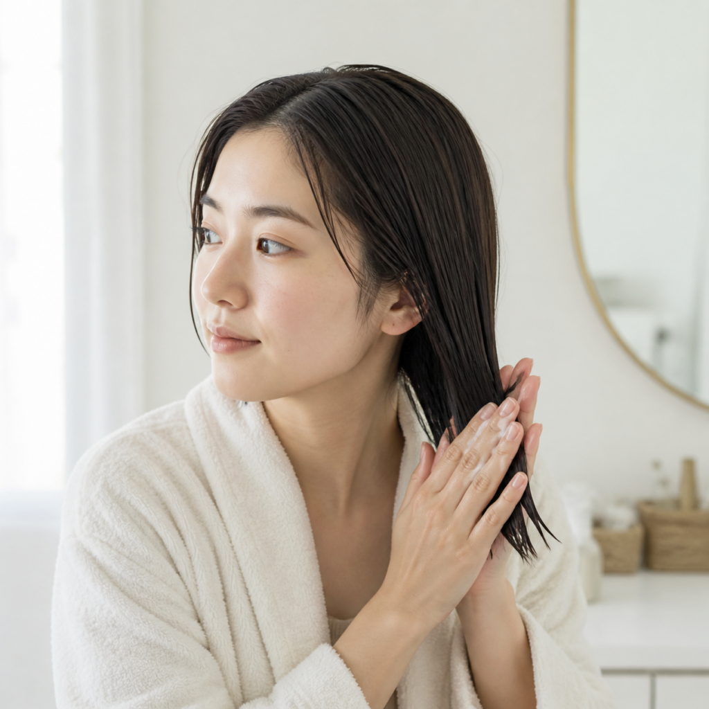 タオルドライした髪の中間から毛先へ白いヘアミルクを手ぐしでなじませる様子