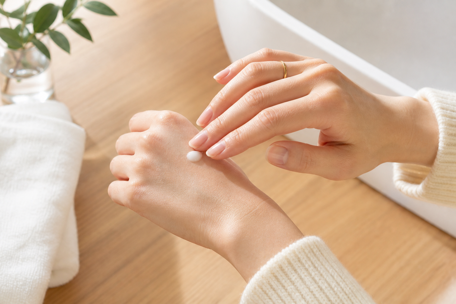 木の洗面台で手の甲にパール粒ほどのハンドクリームを置く30代女性の手元
