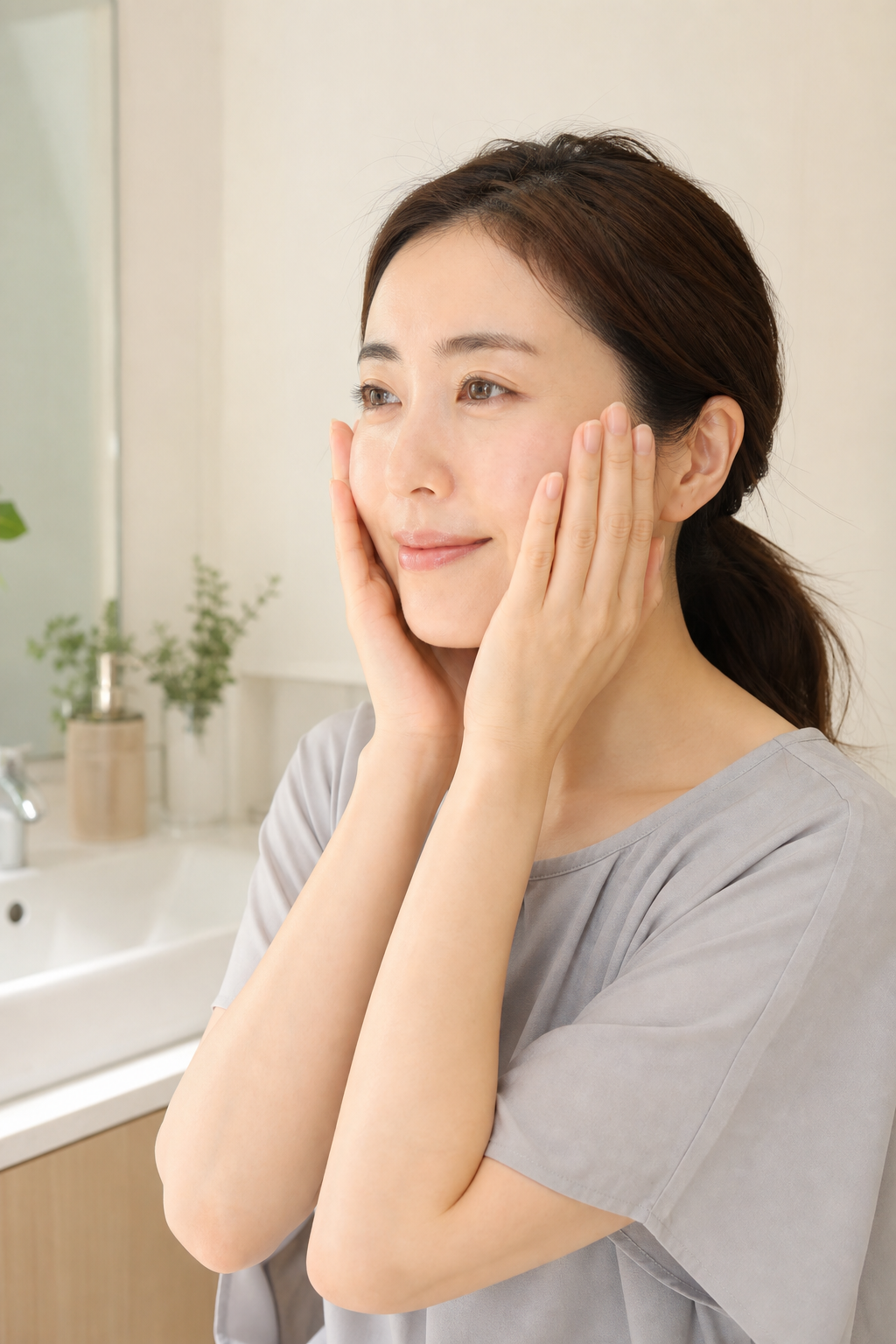 両手のひらを頬へそっと触れさせるハンドプレスの様子