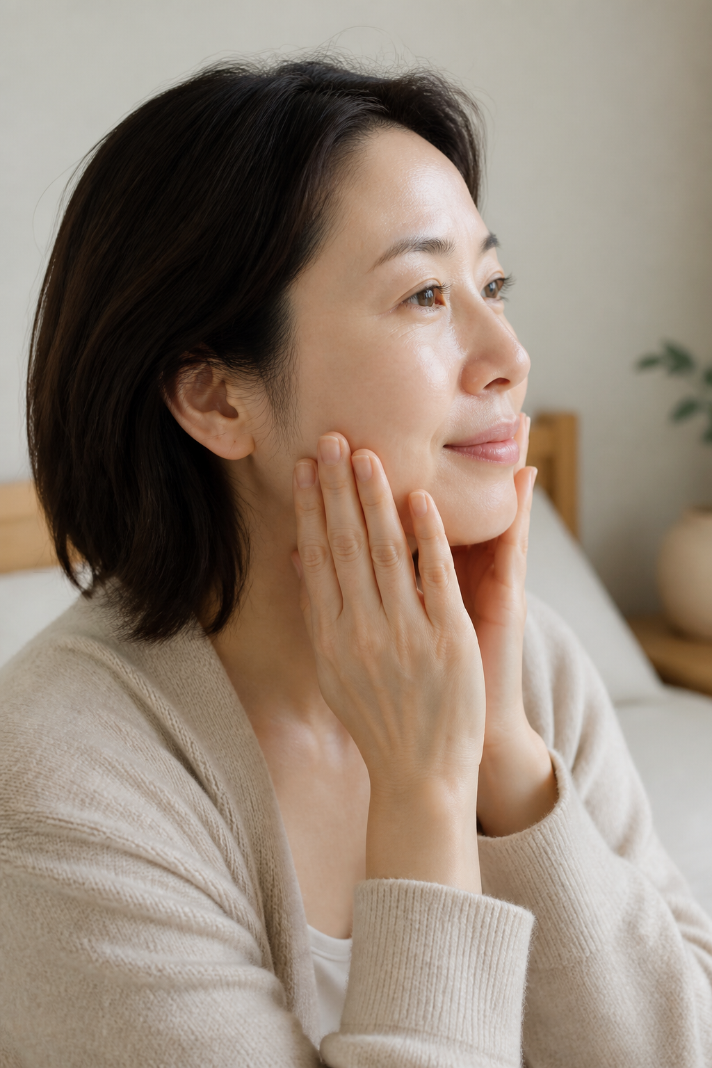 あごからフェイスラインへ両手をそっと添えるハンドプレスの様子