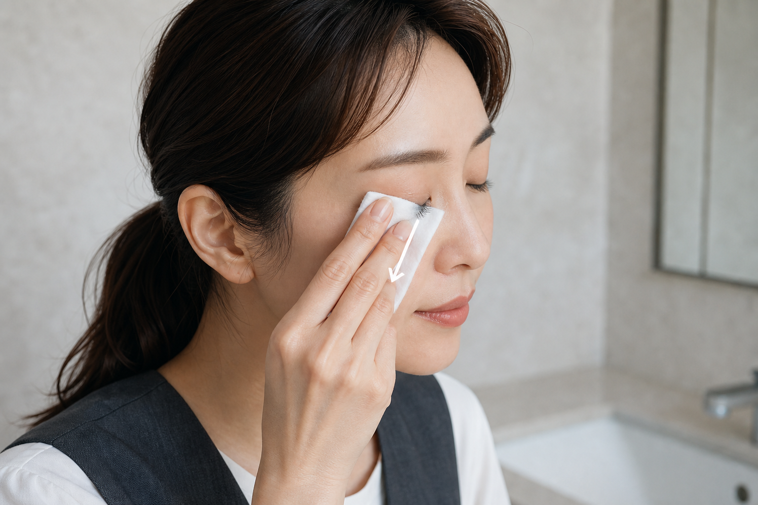まつ毛の根元から毛先へコットンを動かしてマスカラを落とす女性の手元