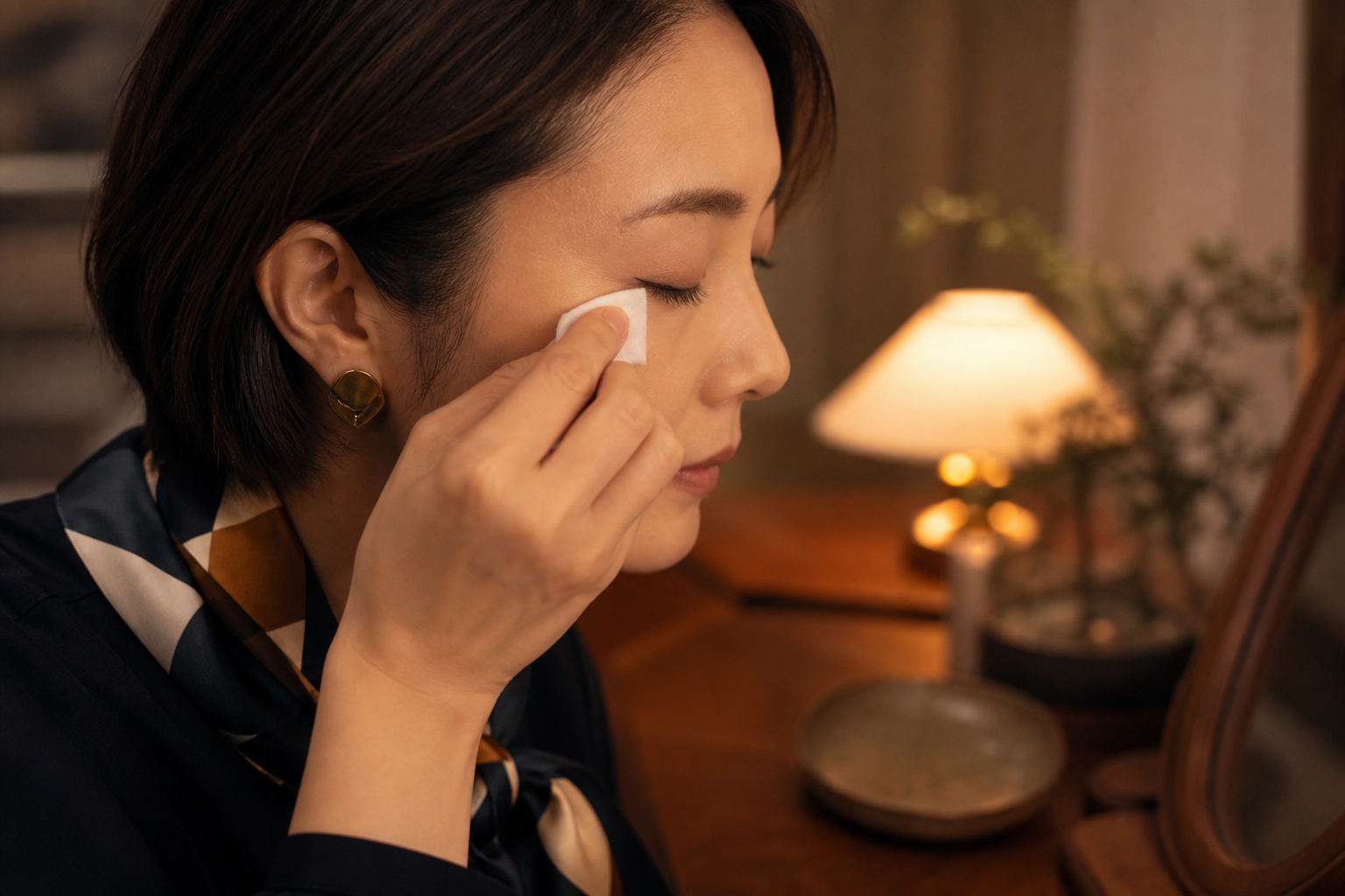 四つ折りコットンの角を使い目のきわのアイラインを落とす女性の横顔