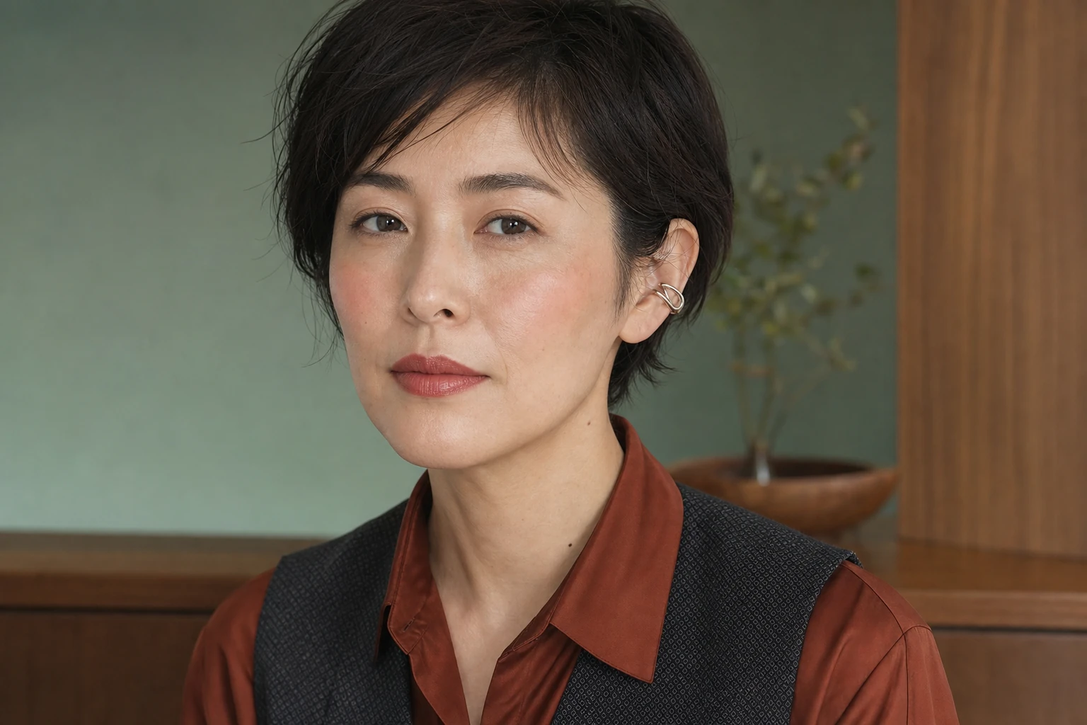 低彩度のローズコーラルを頬骨上と唇へ薄くなじませた40代前半の成人女性